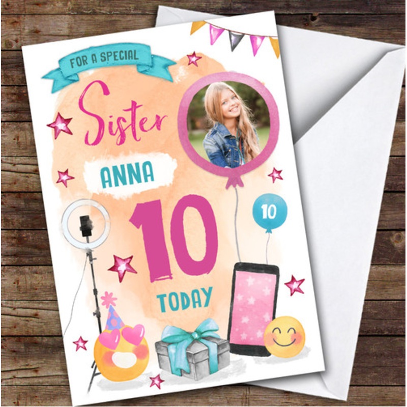 Girl’s Phone Tech Selfie Emoji Photo Sister 10th Birthday Personalised Card – The Card Zoo