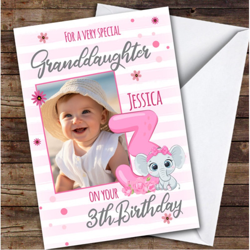 Granddaughter 3rd Pink Floral Elephant Photo Custom Personalised Birthday Card – The Card Zoo