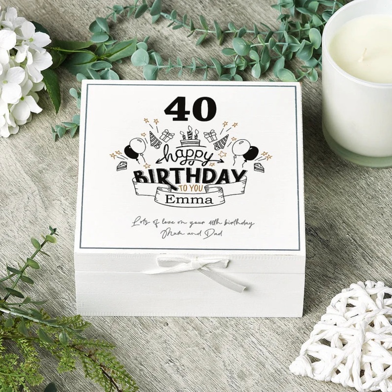 Personalised 40th Birthday Vintage Wooden Box Keepsake Gift Elements