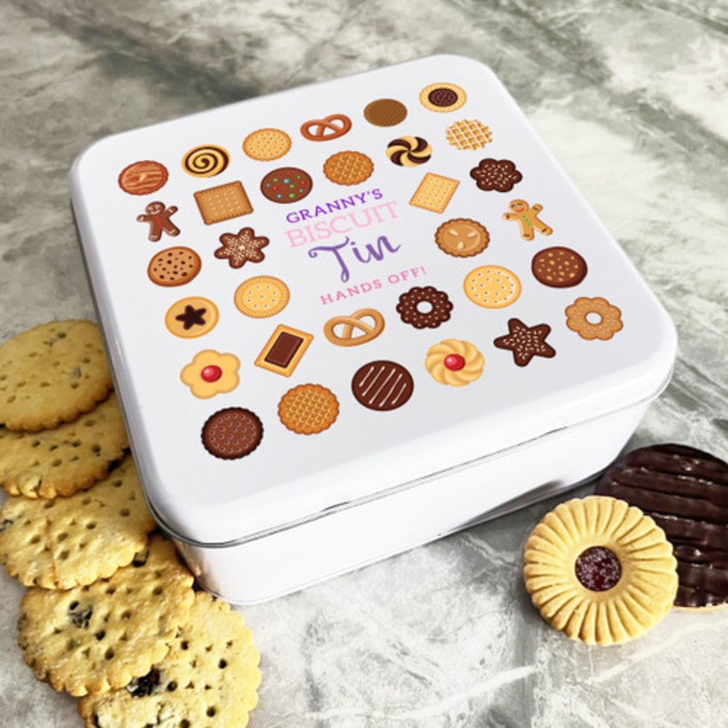 Personalised Square Assorted Granny’s Biscuit Hands Off Cake Tin – The Card Zoo