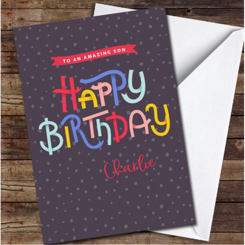 Son Birthday Funky Colourful Letters Pink Blue Spots Personalised Birthday Card – The Card Zoo