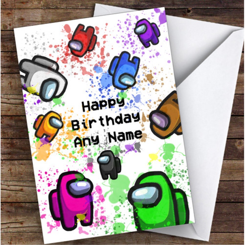 Among Us Characters and Pets In Space Splatter Art Children’s Kids Birthday Card – The Card Zoo