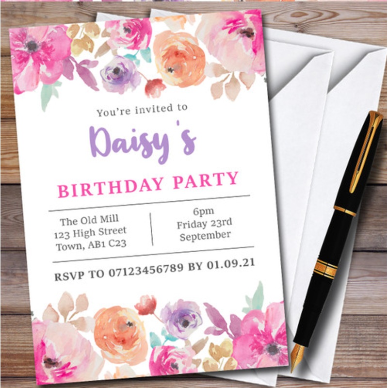 Bright Flowers Pink Top Bottom Personalised Birthday Party Invitations – The Card Zoo