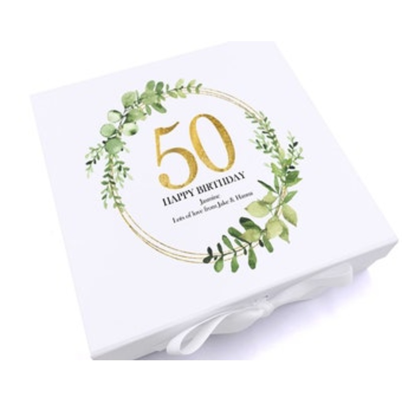 Personalised 50th Birthday Gift for her Keepsake Memory Box Gold Wreath Design
