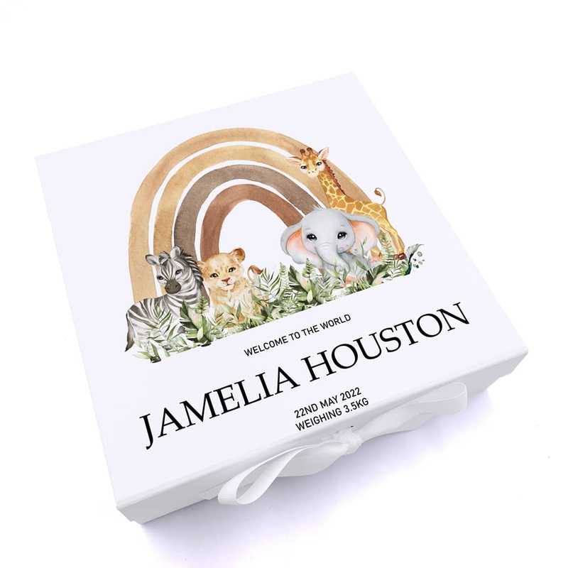 Personalised Jungle Safari Baby Large Memory Box Gift With Ribbon