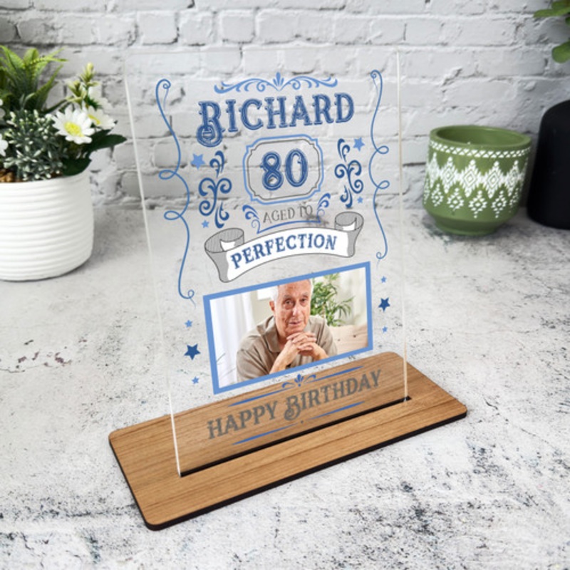 80th Birthday Gift Aged To Perfection Male Blue Photo Personalised Gift Plaque – The Card Zoo