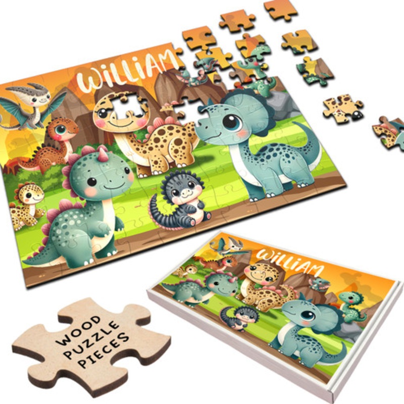 Cute Dinosaurs Gift For Kids Children Custom Personalised Wooden Jigsaw Puzzle – The Card Zoo