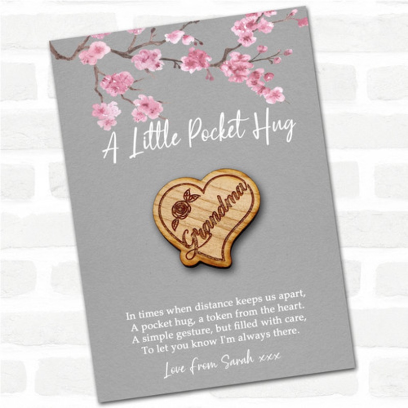 Grandma Heart and Rose Grey Pink Blossom Personalised Gift Pocket Hug – The Card Zoo