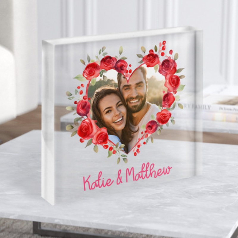 Rose Heart Photo Gift Couple Personalised Clear Square Acrylic Block – The Card Zoo