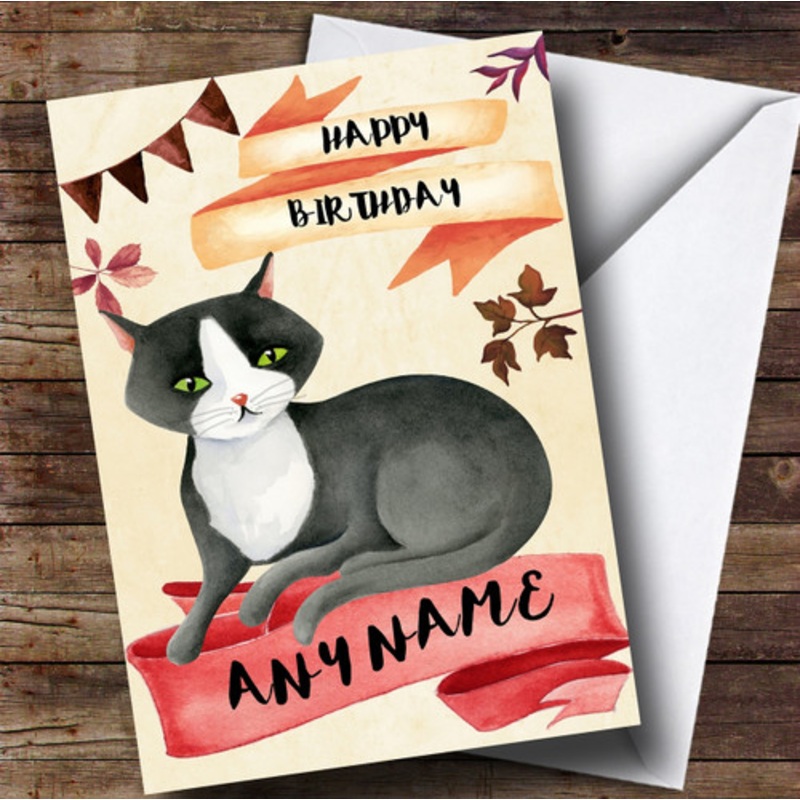 Watercolour Rustic Black and White Cat Personalised Birthday Card – The Card Zoo