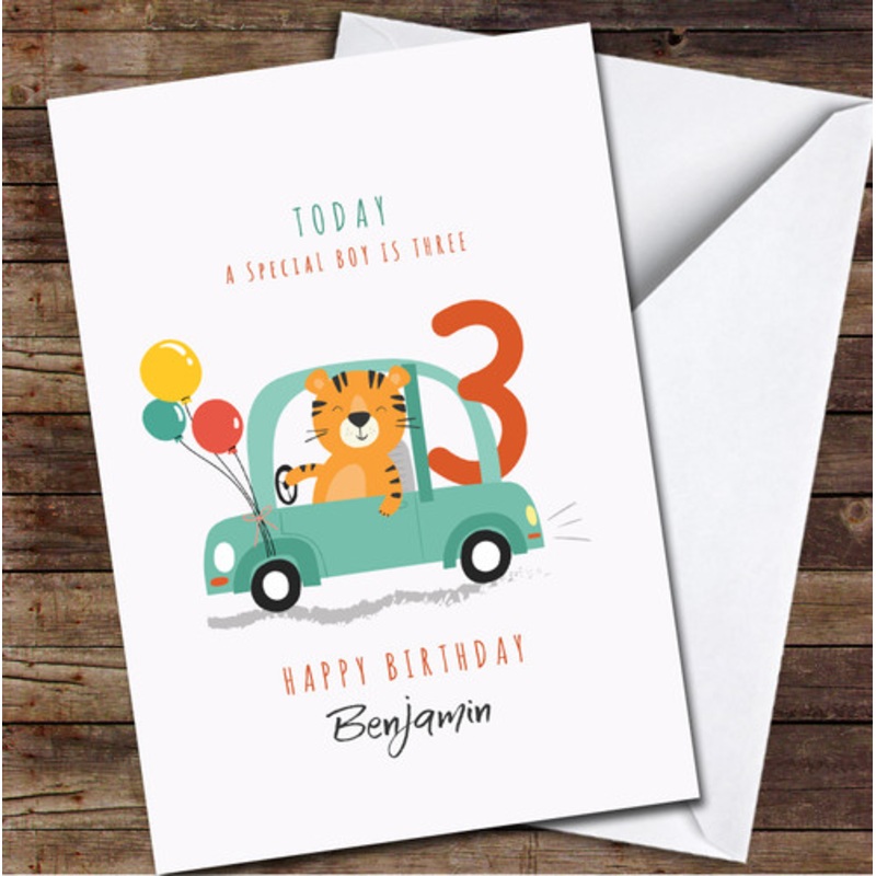 3rd Boy Cute Tiger Driving A Car Any Age Personalised Birthday Card – The Card Zoo
