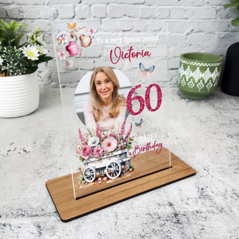 60th Birthday Gift Pink Floral White Cart Photo Personalised Gift Acrylic Plaque – The Card Zoo