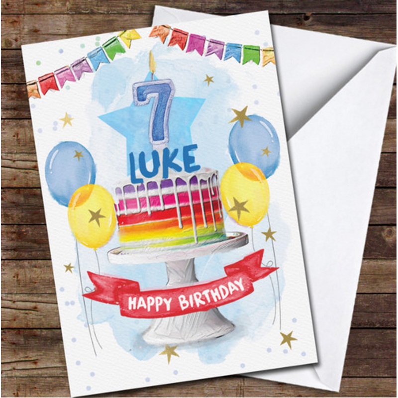 7th Seventh Boy Rainbow Cake Painted Party Balloons Personalised Birthday Card – The Card Zoo