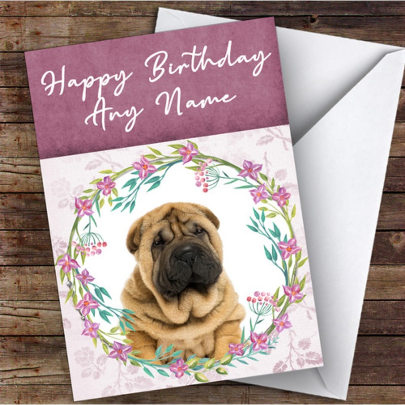 Shar-Pei Dog Pink Floral Animal Personalised Birthday Card – The Card Zoo