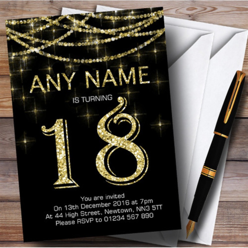 Black and Gold Sparkly Garland 18th Personalised Birthday Party Invitations – The Card Zoo