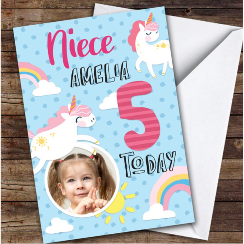 Girl’s Unicorn Rainbow Photo Niece 5th Birthday Personalised Birthday Card – The Card Zoo