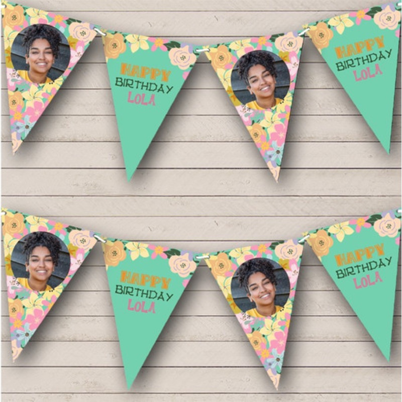 Green Pink Pastel Flowers Birthday Photo Personalised Party Banner Bunting – The Card Zoo