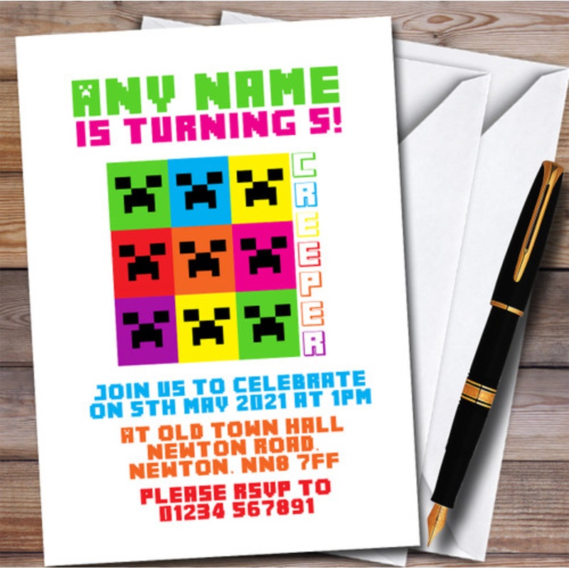 Minecraft Colour Creepers Children’s Personalised Birthday Party Invitations – The Card Zoo