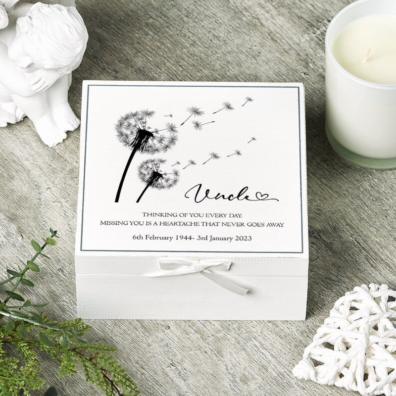 Personalised Uncle Memorial Remembrance Vintage Wooden Keepsake Box With Dandelions