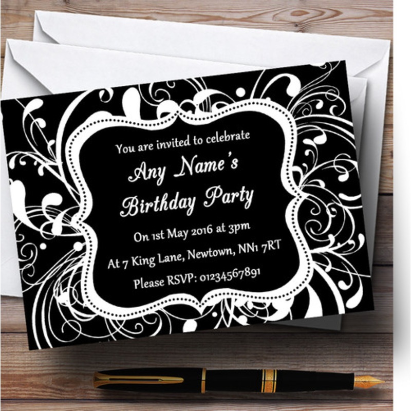 Black and White Swirl Deco Personalised Birthday Party Invitations – The Card Zoo