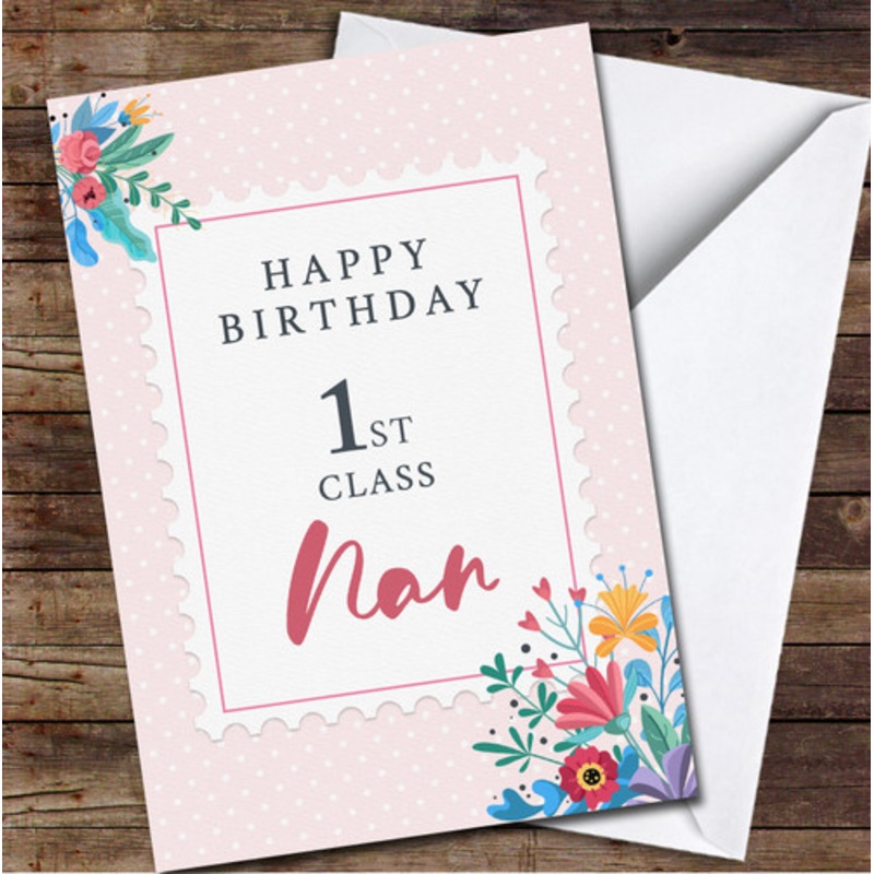 First Class Nan Stamp Pink Polka Dot Happy Birthday Personalised Birthday Card – The Card Zoo