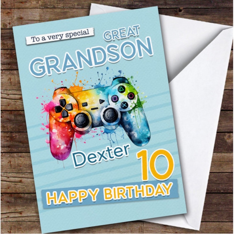 Great Grandson 10th Gamepad Splash Gamer Boys Custom Personalised Birthday Card – The Card Zoo