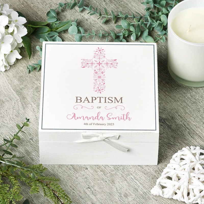 Personalised Baptism Day Vintage Wooden Box Gift With Pink Cross