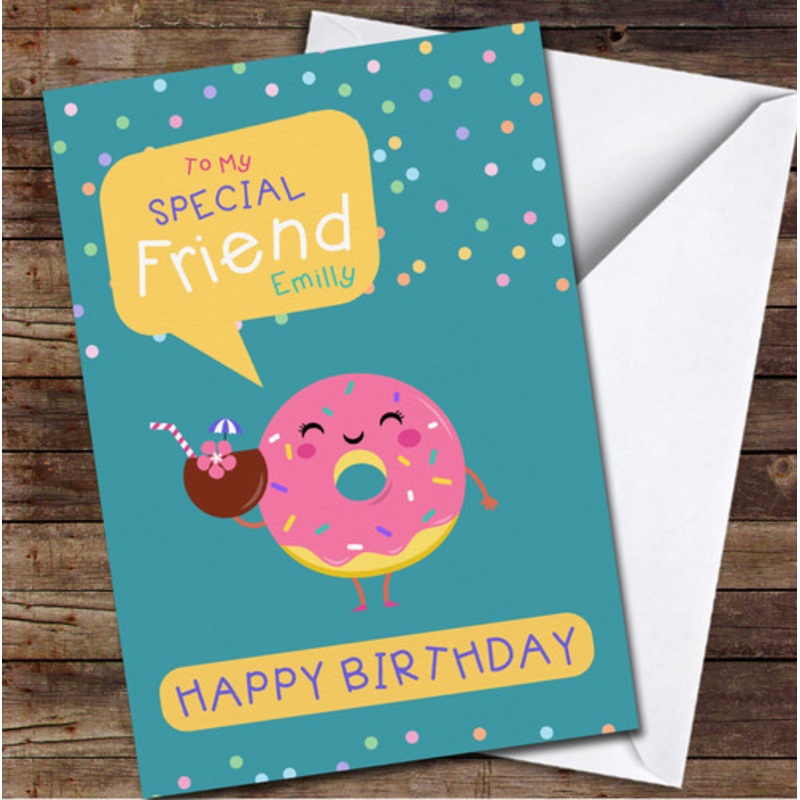 Friend Cute Pink Doughnut Holding Cocktail Any Text Personalised Birthday Card – The Card Zoo