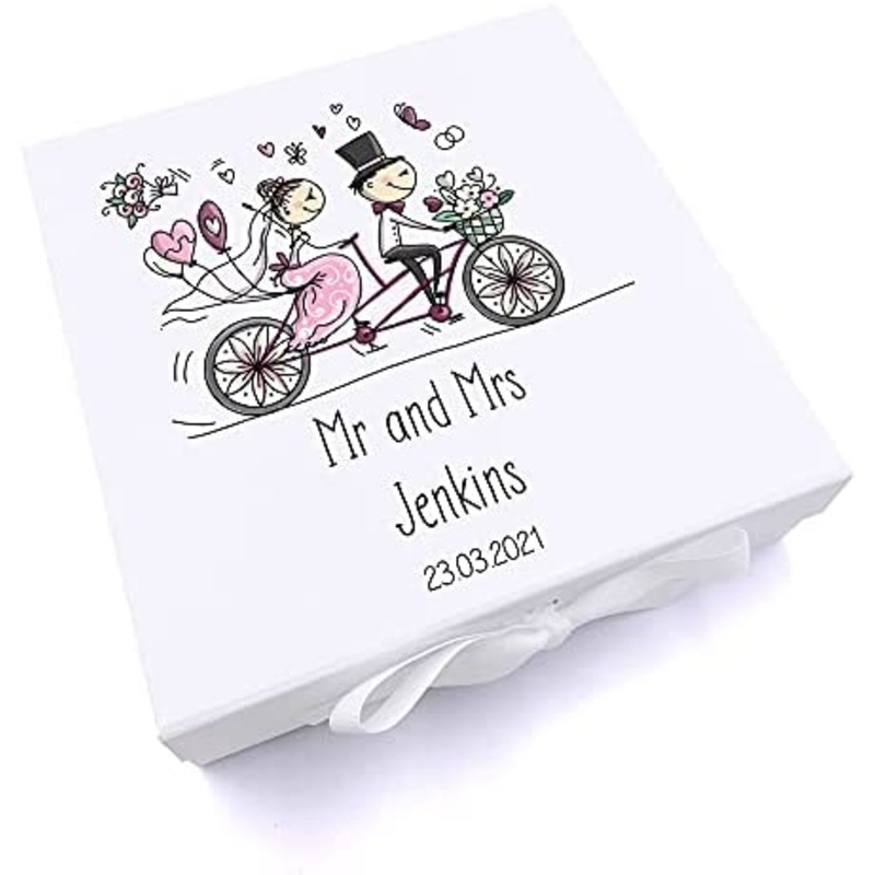 luxury personalised wedding gift memory box with couple on bike
