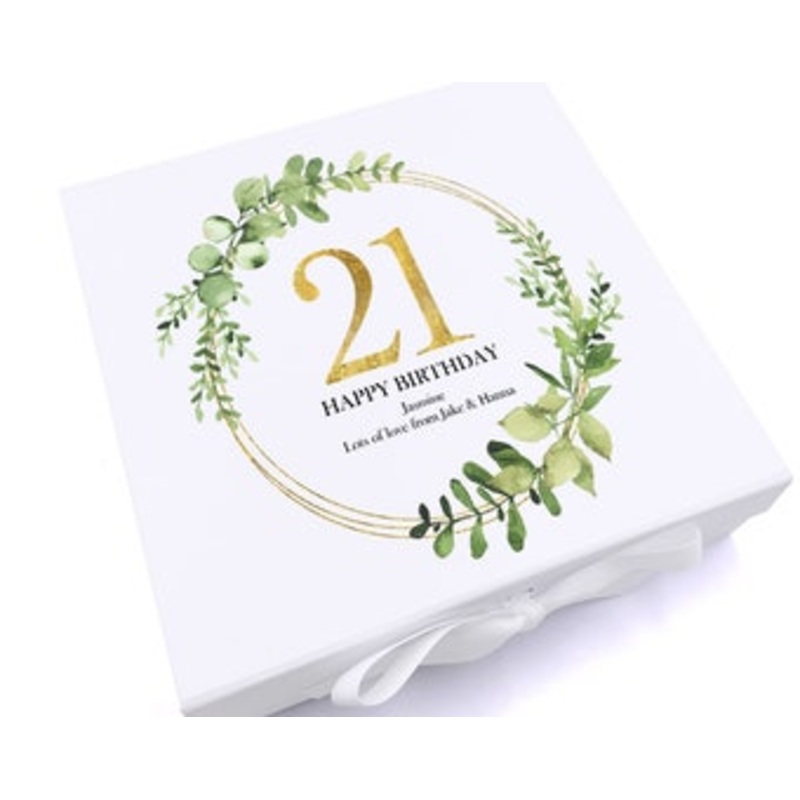 Personalised 21st Birthday Gift for her Keepsake Memory Box Gold Wreath Design