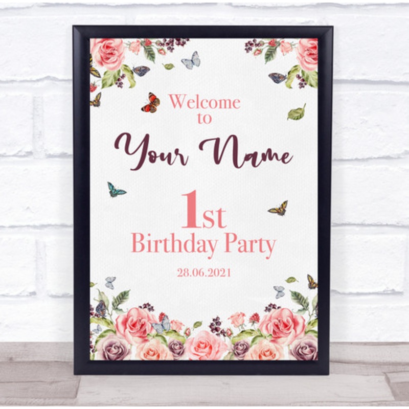 Pink Rose Floral Border Birthday Personalised Event Party Decoration Sign – The Card Zoo
