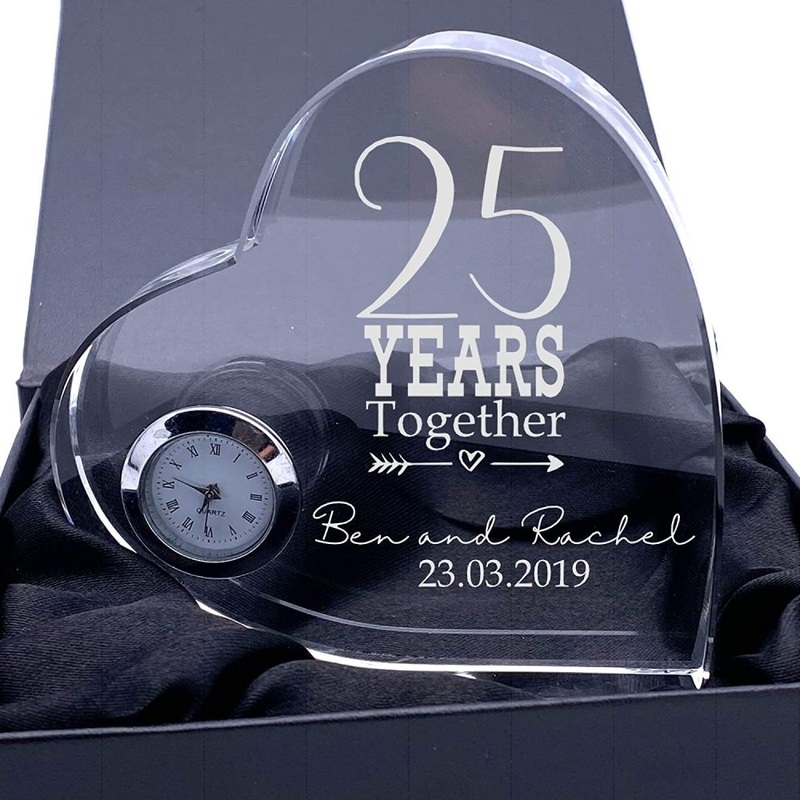Engraved Heart Crystal Glass Clock Any 1st, 5th, 10th, 25th, 30th, 40th, 50th, 60th Anniversary