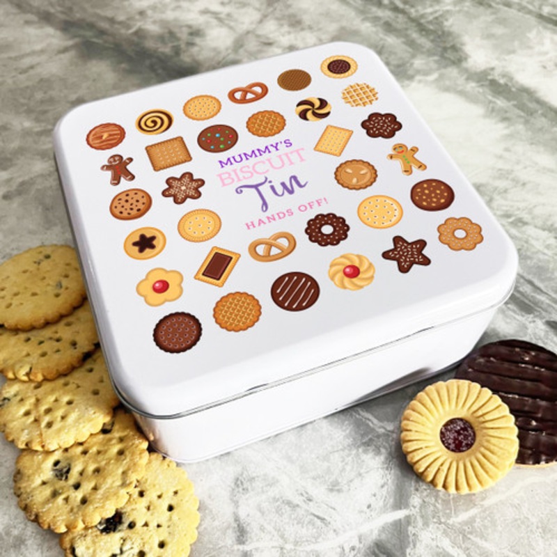 Personalised Square Assorted Mummy’s Biscuit Hands Off Cake Tin – The Card Zoo