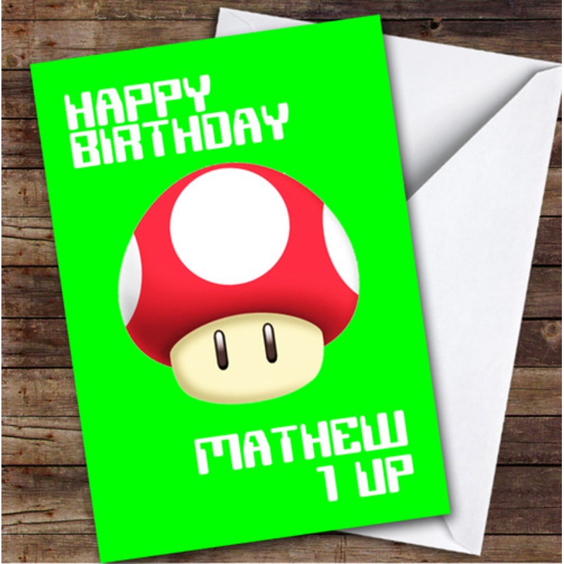 Super Mario Gamer Mushroom 1 Up Kids Personalised Children’s Birthday Card – The Card Zoo