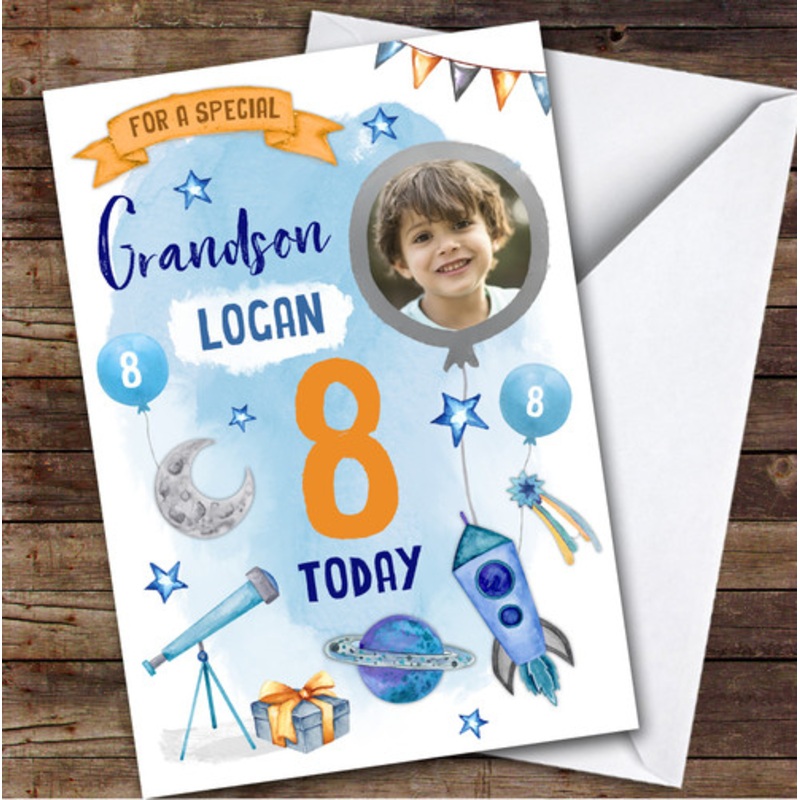 Boy’s Space Rocket Astronaut Photo Grandson 8th Birthday Personalised Card – The Card Zoo