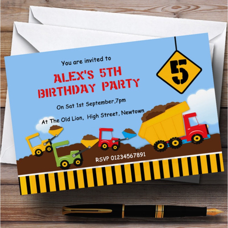 Construction Digger Theme Personalised Birthday Party Invitations – The Card Zoo