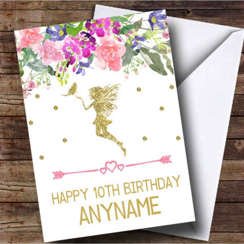 Floral Gold Girls Fairy Children’s Birthday Personalised Card – The Card Zoo