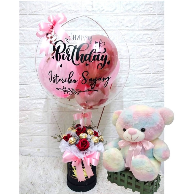 Fragrance Flower and Ferrero Hot Air Balloon With Rainbow Teddy Bear (Artificial Flower) (Penang Delivery Only)