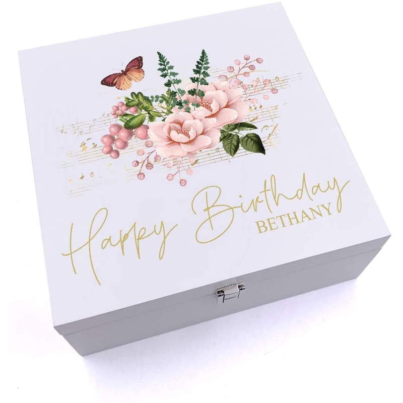 Personalised Luxury Wooden Birthday Keepsake Box With Flowers and Butterflies