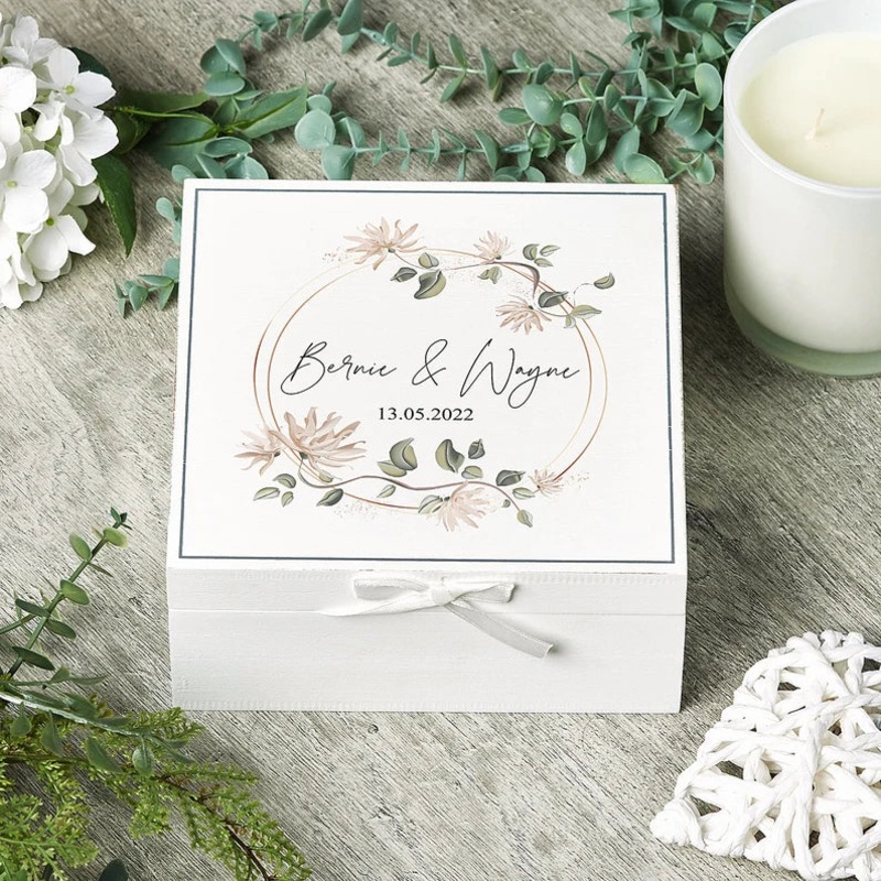 Personalised Wedding Day Vintage Wooden Box Gift With Wreath