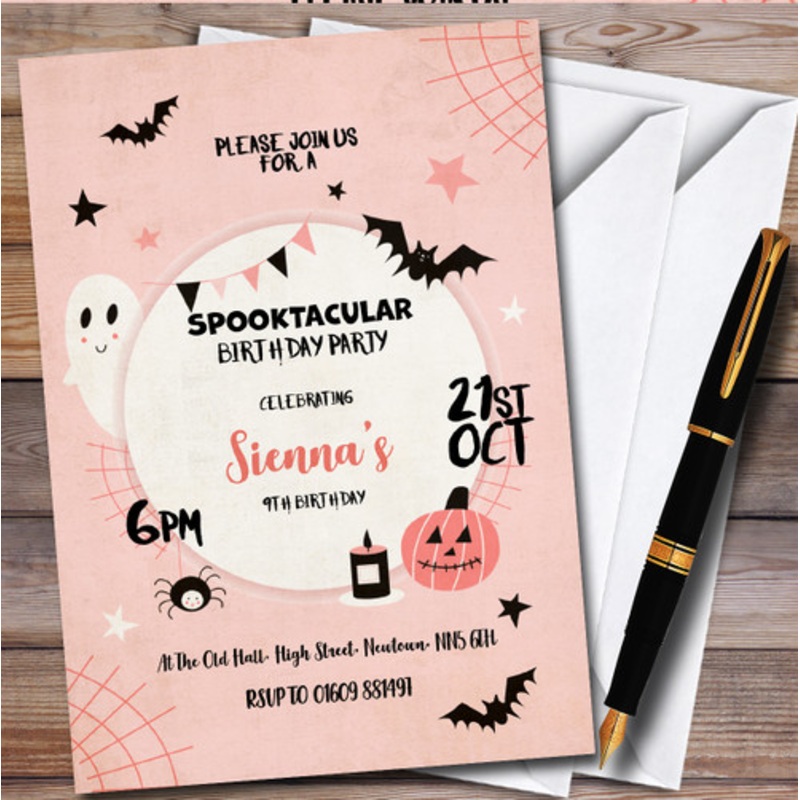 Pink October Halloween Spooky Personalised Children’s Birthday Party Invitations – The Card Zoo