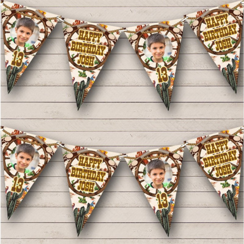 Western Cowboy Birthday Cactus Photo Age Personalised Party Banner Bunting – The Card Zoo
