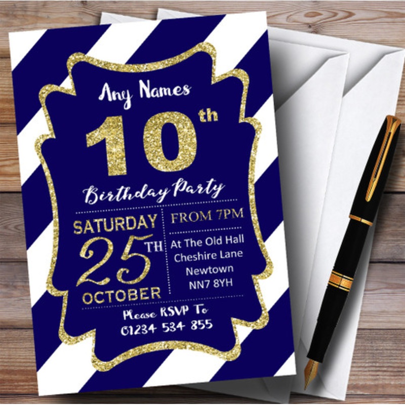 Blue White Diagonal Stripes Gold 10th Personalised Birthday Party Invitations – The Card Zoo
