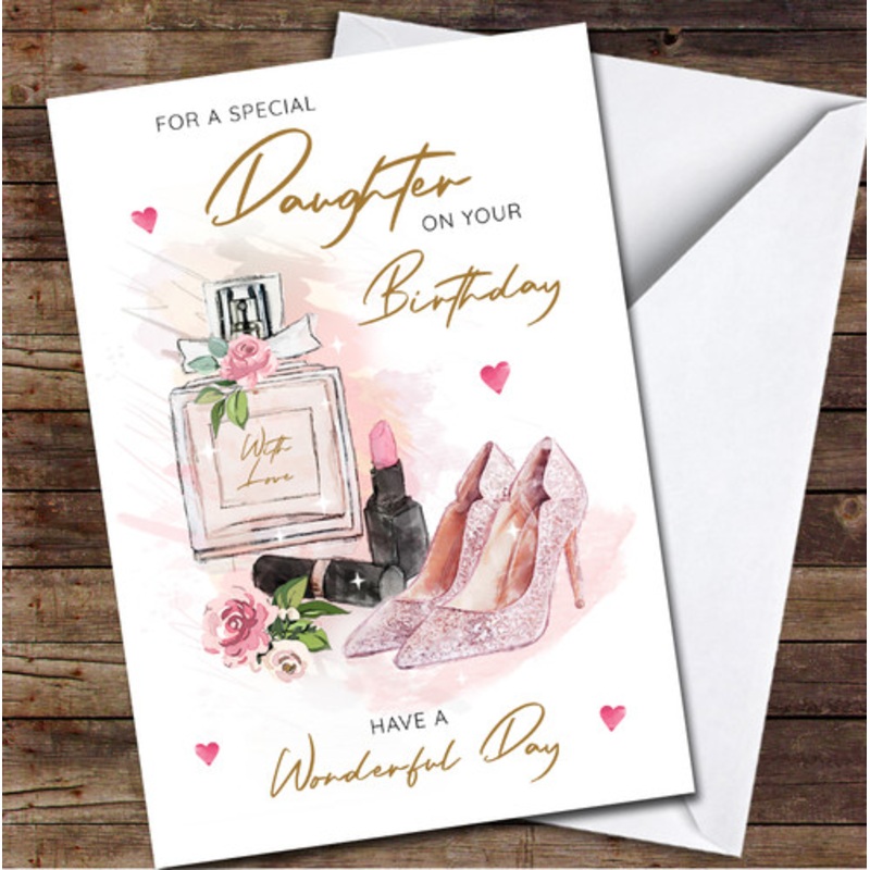 Daughter Birthday Shoes Lipstick Perfume Beauty Pink Glitter Personalised Card – The Card Zoo