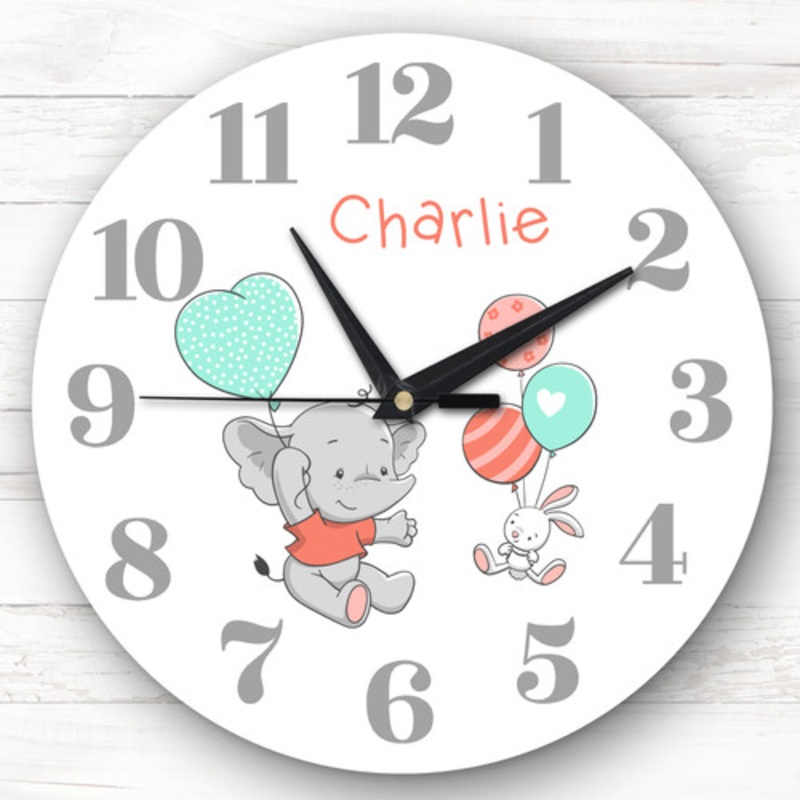 Flying Elephant Rabbit Balloon Baby’s Nursery Custom Gift Personalised Clock – The Card Zoo