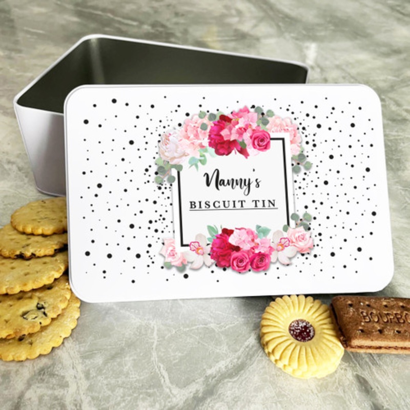 Personalised Black Dots Pink Pretty Roses Nanny’s Cake Treat Sweets Biscuit Tin – The Card Zoo