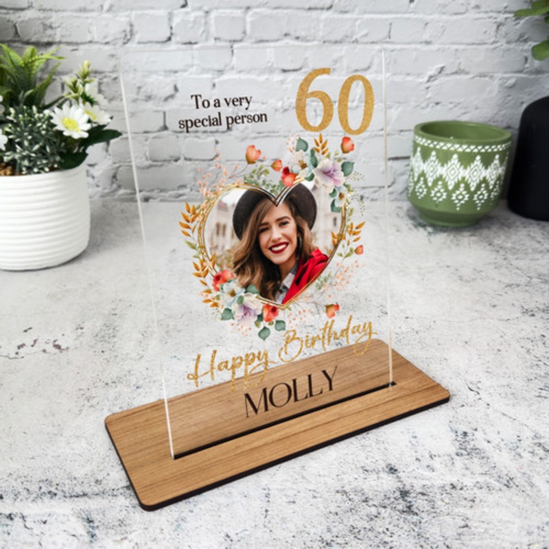 60th Birthday Gift For Female Floral Heart Photo Custom Personalised Gift Plaque – The Card Zoo