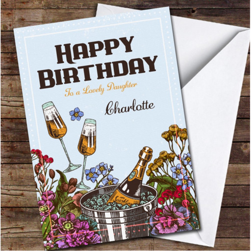 Daughter Blue Vintage Champagne Flowers Glasses Card Personalised Birthday Card – The Card Zoo