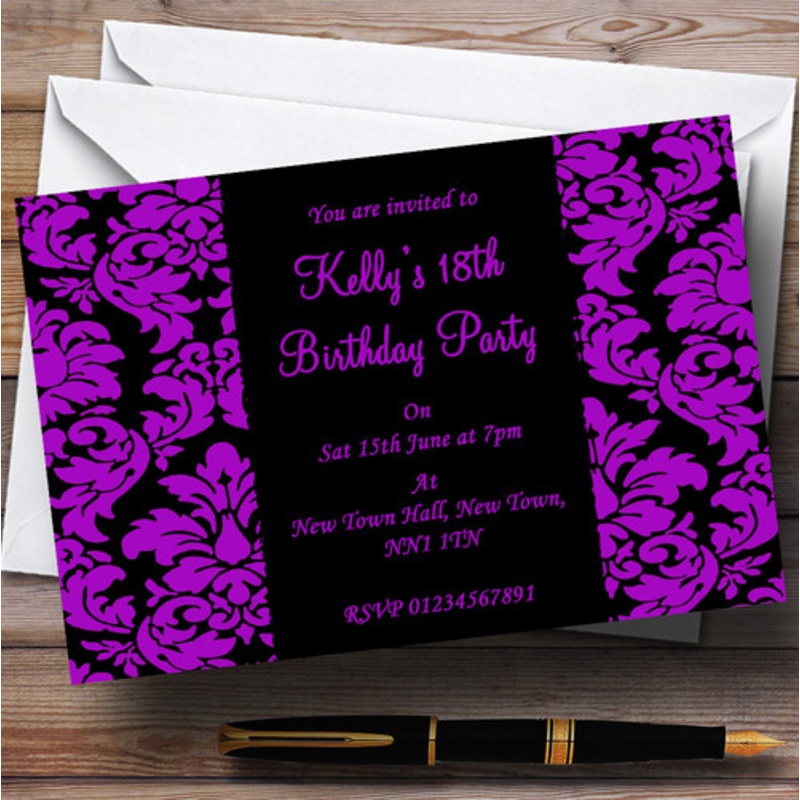 Floral Black and Purple Damask Personalised Party Invitations – The Card Zoo