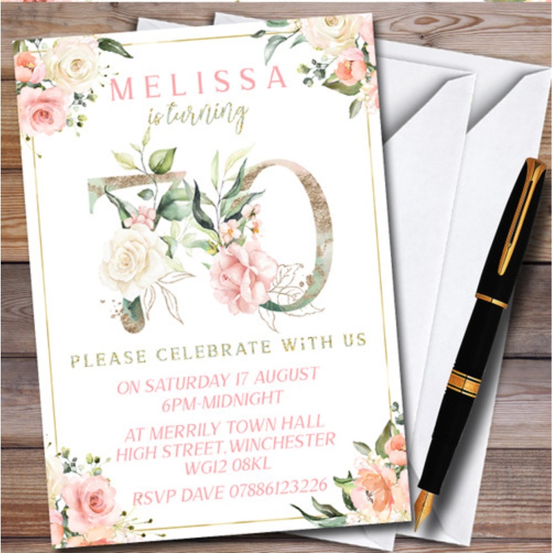 Pretty Rose Floral Chic 70th Personalised Birthday Party Invitations – The Card Zoo